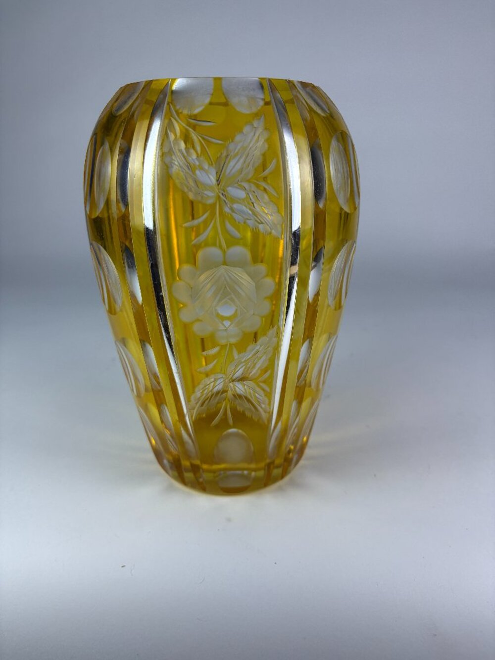 Vintage Amber Yellow Cut Glass Vase with Etched Flowers | Floral Glass Vase